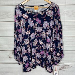 NWT Ruby Rd. Navy Floral Long Sleeve Embellished Tunic Top Size 2X